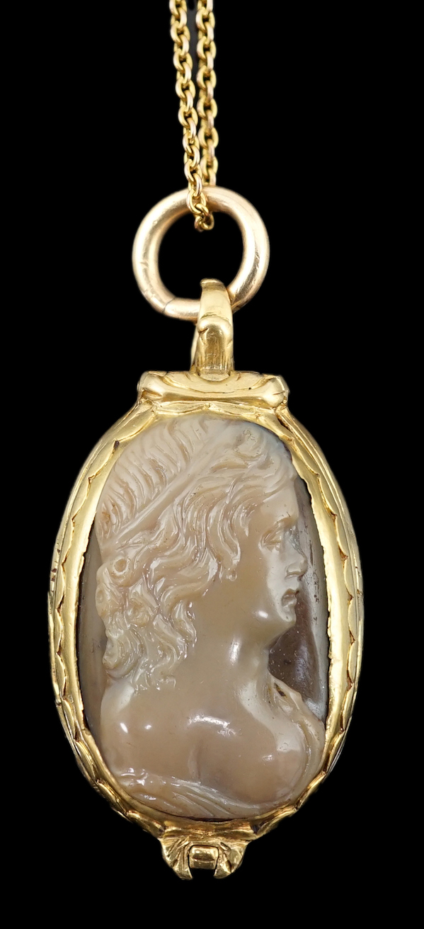 A 19th century engraved gold and inset cameo agate set oval locket, on a fine link gold chain
